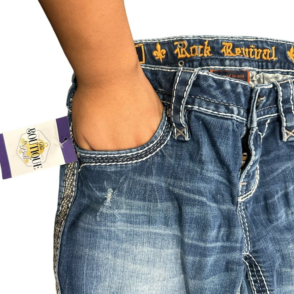 Rock Revival Lanlan Bootcut 27 Jeans Swarovski Leather Insert Faux Flap Pocket - Picture 9 of 16